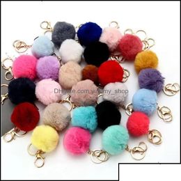 Keychains Lanyards Keychains Lanyards Lovely Womens Pom Poms Faux Rex Rabbit Fur 8Cm Ball Key Chains Girl Bag Hang Car Ring Pendant Dhqes