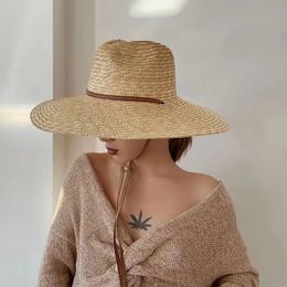 New 2024 strap style straw hat womens fashion vacation beach UV hat summer wide brown travel Panama hat outdoor wholesale 240428