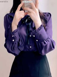 Women's Blouses Shirts 2022 Womens Cute and Cute Girl Thin Translucent Ribbon Bow Retro Top Blue Purple White Button ShirtL2405