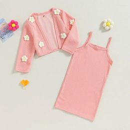 Clothing Sets Kids Baby Girl 2Pcs Fall Outfits Sweet Autumn Sleeveless Ribbed Strap Dress 3D Flower Long Sleeve Cardigans Outerwear Girls