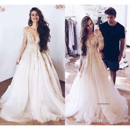 White Modern A Line Wedding Dresses Sexy Sheer V Neck Sleeves With Appliques Summer Tulle Long Bridal Gowns Plus Size 0430