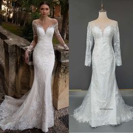 Charming Mermaid Wedding Dresses Lace Applique Off Shoulder Long Illusion Sleeves Floor Length Bridal Gowns Custom Made 0430