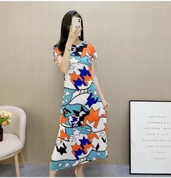 Party Dresses SELLING Miyake Fold Fashion Geometry Print O-neck Short Sleeve Straight Dress IN STOCK