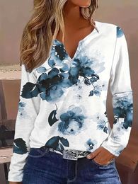 Women's Blouses Shirts Women Fashion Floral Printed T Shirts Casual V Neck Full Long Slve Shirts Tops Ladies Vintage Chic Ts Y240426