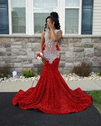 Red Sheer O Neck Long Prom Dress For Black Girls Beaded Crystal Rhinestone Birthday Party Gowns Sequined Evening Dresses Robe De 0431