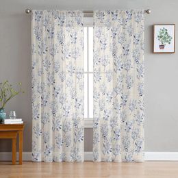 Curtain Plant Watercolour Illustration Blue Tulle Curtains For Living Room Bedroom Children Decor Sheer