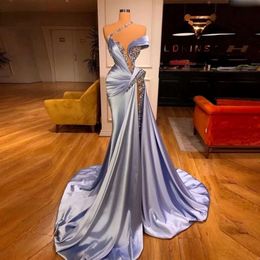 Sukienki niebo błękitne syrenę marszczyzny z koralikami elegancki pociąg wieczorny sukienki szat de soiree formalna impreza sukienka na zamówienie