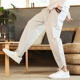 Pants Chinese Style Men's Pants Summer New Striped Cotton Linen Wide Leg Casual Oversized Harem Pants Lantern Trousers Male Clothing