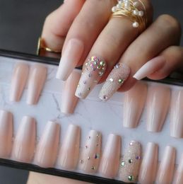 Handmade Ombre Gel nude coffin reusable Press on nails box pink Acrylic nails UV bling 3d crystal Ballet fasle3880123