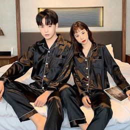 Spring Big Size Pajamas Set for Couple Longsleeved Pijama Two Piece Sleepwear Men Plus Loungewear Satin Home Clothes 240428