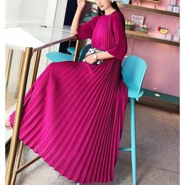 Casual Dresses GGHK Miyake Pleated 2024 Autumn Pink Dress Causal Women Beads Diamonds Elegant Kaftan Original Design Korean