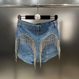 Women's Jeans PREPOMP 2024 Summer Collection Rhinestone Tassel Chain Pockets Patchwork Blue Denim Shorts Women Short 294