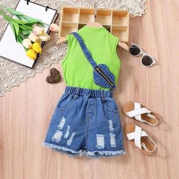 Clothing Sets Kids Girls Summer Solid Color Mock Neck Ribbed Knit Tank Tops Ripped Denim Shorts Heart Bag 3Pcs Clothes Set