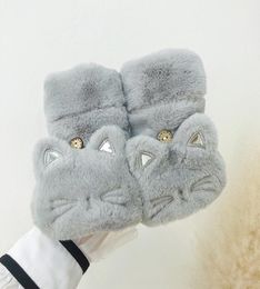 UJtj korean cat cover autumn winter lovely student plush thickening warm and mittens and cold proof plush open fingered gloves glo4362372