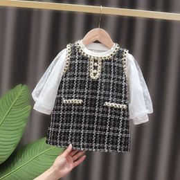 Mädchenkleider Kinder Mädchen Kleidung Puff Ärmel Pullover Bluse+ärmelloses Weste Kleid zweiteiliger Modestil Prinzessin Kostüm Baby Mädchenanzug A895