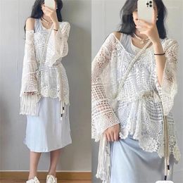 Casual Dresses Women Flared Long Sleeve Crochet Loose Swimsuit Cover Up Hollowed Knitted Flower Bohemian Tie Front Beach Short 066C