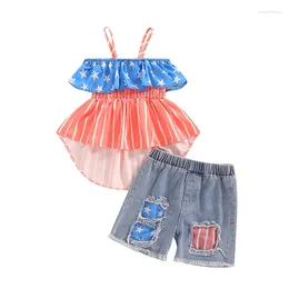 Clothing Sets Baby Girls Patriotic Outfits Star Stripe Print High Low Camisole And Elastic Denim Shorts Set Fashion Cute Clothes