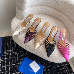 Top quality Silk rhinestone heels slippers Pointed toes mules sandals Stiletto heels evening shoes Luxury designer shoe Factory footwear With box