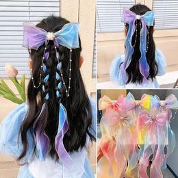 fairy girls Bows hair Clips ribbon pearl tassels barrettes kids sweet hair tie fashion multicolor Hair Accessories