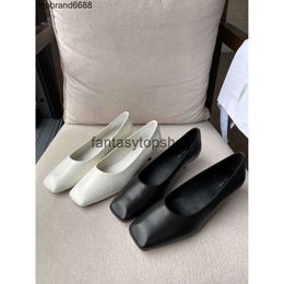 The Row single TR square shoes leather Shoes Dress head shallow mouth slip on comfortable commuting low heel kitten heel shoes Size 34-39