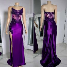 Illusion Prom Black Stunning Mermaid Grape Dress Women Beads Appliques Evening Elegant Strapless Dresses For Special Ocns Split Robe De Soiree es