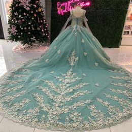 Spódnica mennica zielona księżniczka puffy quinceanera sukienki na ramię koronkowe koraliki gillter koronkowy gorset charro vestido xv 15 anos -up