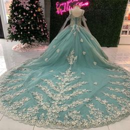 Rock Minze Grüne Prinzessin geschwollene Quinceanera Kleider von Schulteranwendungen Spitze Perlen Gillter Schnürhilfe Corset Charro Vestido XV 15 Anos -up