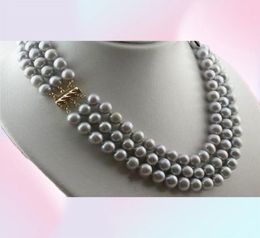 NEW 3 ROW 89MM tahitian silver Grey PEARL NECKLACE 1618quot04385299