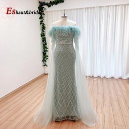 Party Dresses Luxury Feather Dubai Mermaid Evening Night Dress With Cape Sleeves 2024 Arabic Beads Formal Prom Wedding Gowns For Women