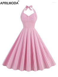 Casual Dresses 2024 Elegant Halter High Waist Cotton Pink And White Stripes Ruched Front Women Birthday Party Rockabilly Vintage Dress