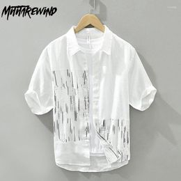 Men's Casual Shirts Harajuku Fashion Short Sleeve Summer Beach Causal Breathable Pure Linen Shirt Stripe Printed Lazy Style Tops