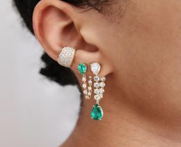 Ear Cuff Tear Drop Green CZ Tassel Chain Earring Colorful Birthstone Cubic Zirconia Gold Color Gorgeous Stunning Double Sided Jewe7493650