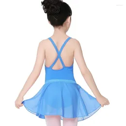 Stage Wear Solid Colour Cross Strap Ballet Leotards Kids Girls Sleeveless Dress Camisole Gymnastics Leotard Chiffon Skirt Costumes