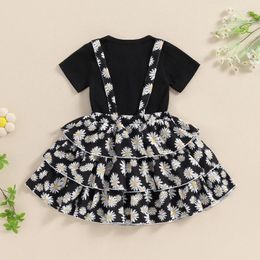 Clothing Sets Girl Summer Set Solid Colour Ribbed Short Sleeve Tops With Daisy Print Tiered Ruffled Overall Dress