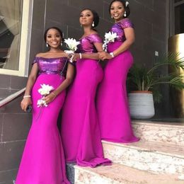New Fashion Fuchsia Black Girl Mermaid Bridesmaid Dresses Long Off Shoulder Wedding Guest Dress Sequined Plus Size Maid Of Honour Gowns 0430