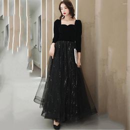 Party Dresses Square Collar Black Prom Dress A-line Velvet Evening Gown For Women