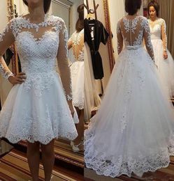 2022 Lace Appliques Pearls 2 in 1 Wedding Dresses Gowns Detachable Skirt Long Sleeves Bridal Gown Illusion Neck Beaded Backless Ve4869239