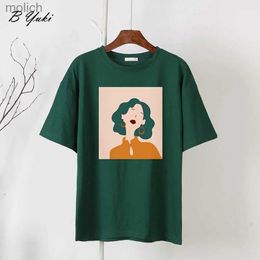 Women's T-Shirt Blessyuki Cute Girls Printed T-shirt Womens Summer New 100% Cotton Aesthetic Character Print O-Neck Top Womens Loose Customized T-shirtWX