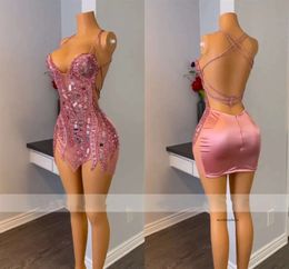Pink Sequins Halter Short Prom For Black Girls 2024 Sexy Crystals Mini Tail Dresses Birthday Party Gown 0431