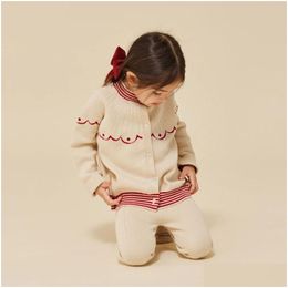Clothing Sets Winter Ks Kids Knit Sweaters Girl Cherry Printing Embroider Sweater Baby Cute Clothes Cotton Tops And Pants Suit 19Years Dhu9K