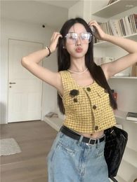 Women's Tanks 3D Flower Fragrant Square Collar Waistcoat 2024 High Waist Short Retro Gold Plaid Sleeveless Vest Trendy Coat