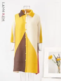 Casual Dresses LANMREM Colour Block Loose Pleated Dress Lapel Single Breasted Mid Length Fashion 2024 Clothing 2Ra1982