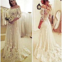 Shoulder Lace Off The Arabic A Line Wedding Dresses Tulle With Half Sleeves Appliques Button Back Sweep Train Plus Size Bride Gowns Ppliques ppliques