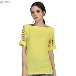 Women's Blouses Shirts Summer Trend Blouse Sexy Womens Hollow Sleeves Slash Neck Loose Solid Shirt Plus Size Casual Top S-5XLL2405