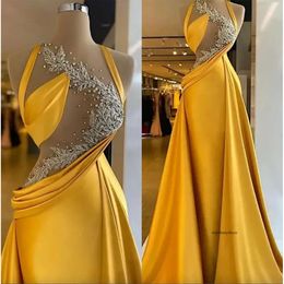 Gold Mermaid Prom Dresses With Overskirt Crystals Beaded Illusion Top Satin Custom Made Ruched Evening Party Gowns Vestidos Formal Ocn Wear Plus Size 0431