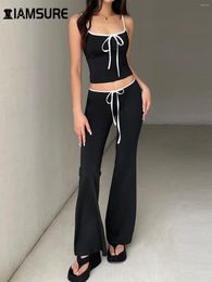 Women's Two Piece Pants IAMSURE Sporty Activewear Contrast Color Set 2024 Summer Casual 2 Sets Slash Neck Crop Tops Low-Waisted Flare