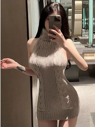 Casual Dresses Women Lace Up Backless Solid Short Mature Chest Wrapping Turtleneck Sexy Hollow Knitted Sweater Temptation Passion Dress