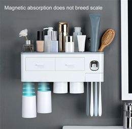 Wall Mount Magnetic Adsorption Inverted Toothbrush Holder Toothpaste Dispenser Squezzer Makeup Storage Rack For Bathroom Set T20055998692