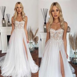 A Bride Vintage Sweetheart Dresses For Line Sequins Lace Appliques Wedding Dress Sweep Train Thigh Slit Long Designer Bridal Gowns ppliques