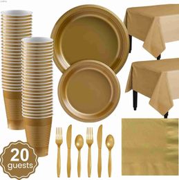 Disposable Plastic Tableware Gold solid Colour birthday party decoration disposable plastic board cup tablecloth napkins for girls wedding gifts WX